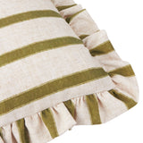 Connie Striped Linen Cushion in olive, close-up of the ruffled edge showing cream linen-look fabric with woven olive-green stripes on a plain white background.