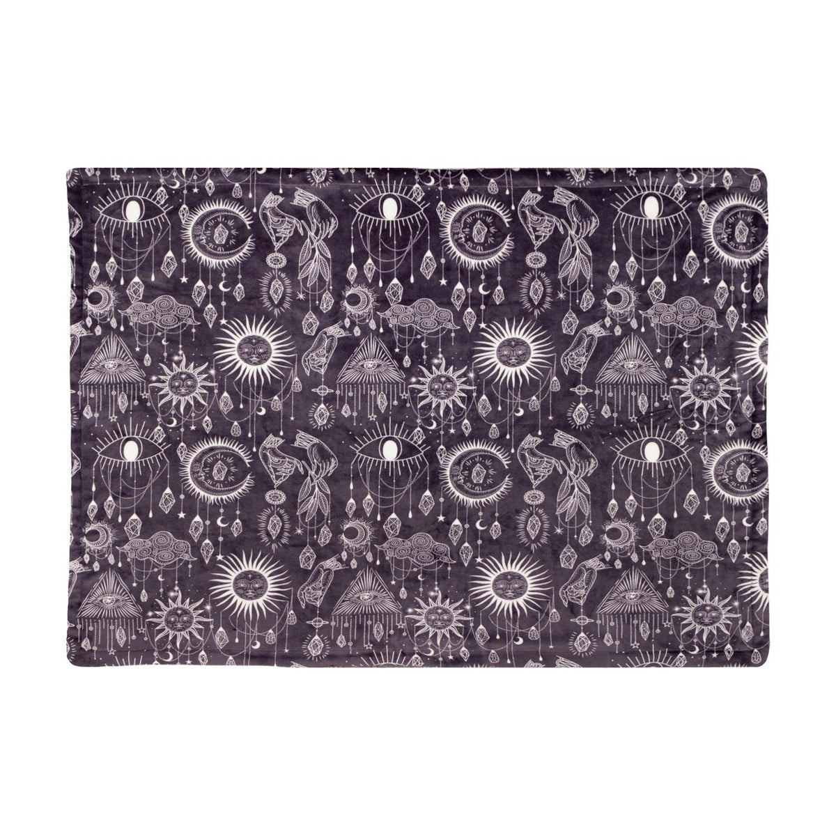 Constellation Printed Polyester Throw in charcoal, featuring cream celestial line-work of suns, moons, eyes and gem motifs, shown flat on a white background.