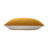 Contra Velvet Linen Cushion in mustard, oblong bolster shape with a velvet front and pale linen-look reverse, shown side-on against a plain white background.