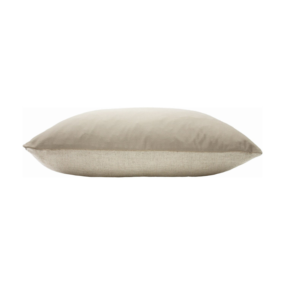 Contra Velvet Linen Cushion in natural tone, oblong bolster shape with velvet top and linen-look weave base, shown side-on against a plain white background.