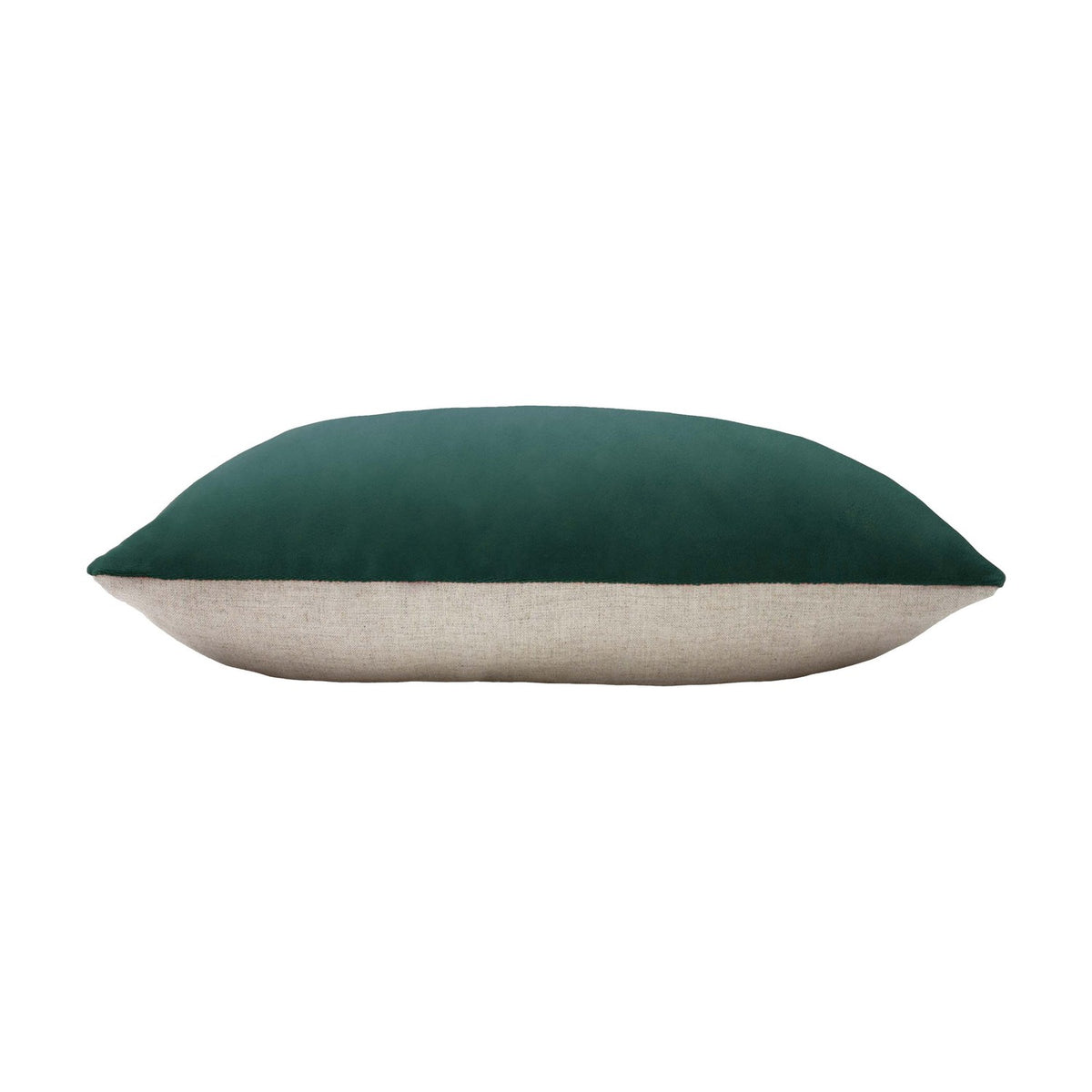 Contra Velvet Linen Cushion in teal, shown side-on with deep teal velvet front and neutral linen-look reverse, oblong bolster shape, on a plain white background.