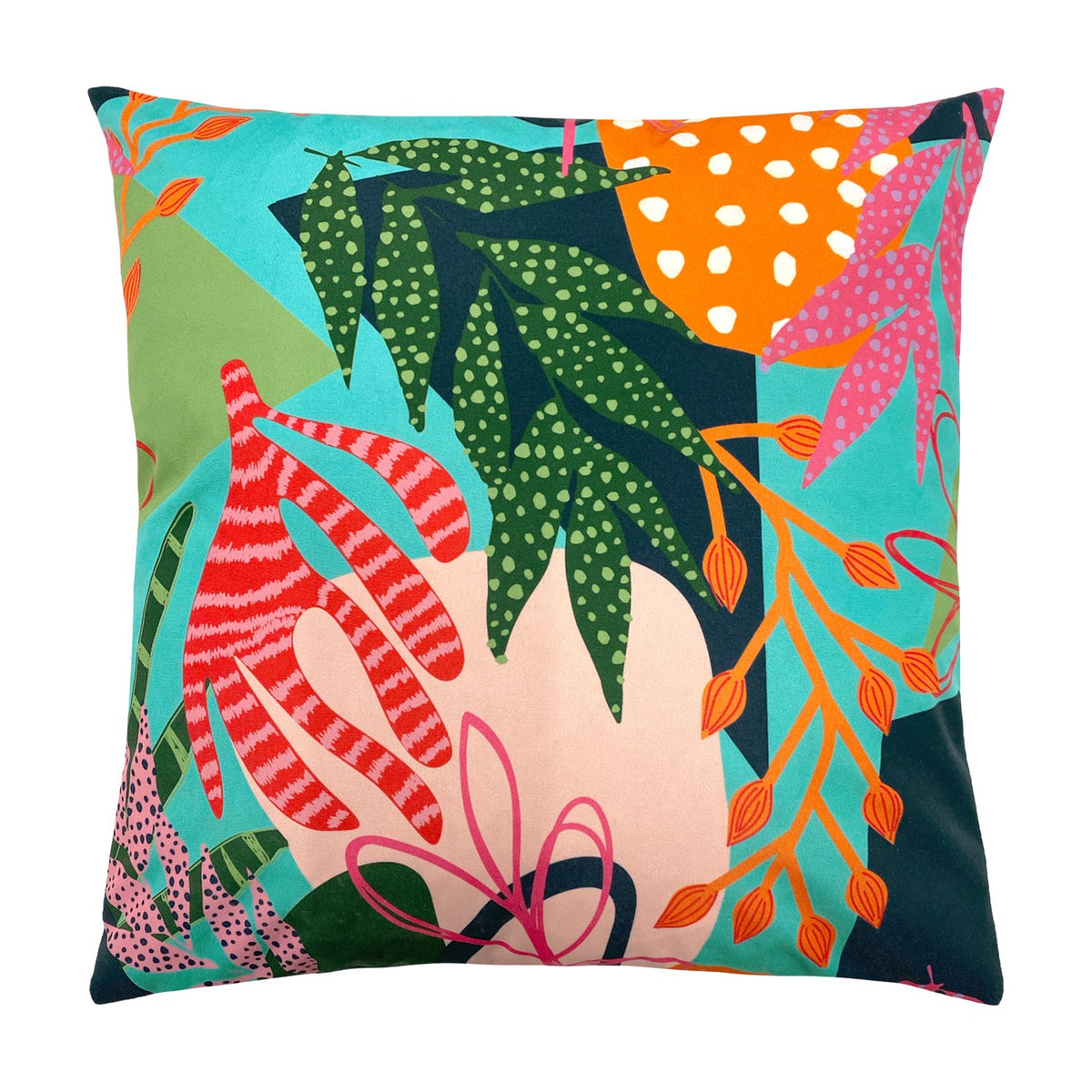 Square Coralina Abstract Polyester Cushion in Multi, featuring a bold tropical print of green leaves, red-pink fronds and orange seed pods on turquoise, coral and navy.