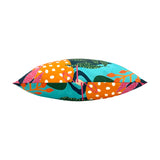 Coralina Abstract Polyester Cushion shown side-on, revealing its plump square shape with a bold tropical print in orange, turquoise, pink and navy on a plain white background.