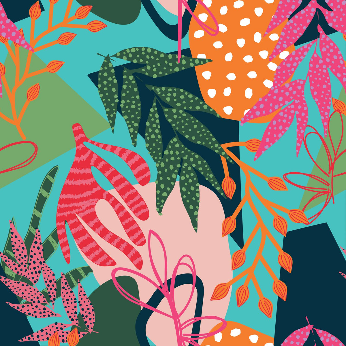 Coralina Jungle Floral Duvet Cover Set in Multi, showing a dense tropical print with pink, orange and green leaves, seed pods and stems on teal and navy grounds.