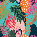 Coralina Jungle Floral Duvet Cover Set in Multi, showing a dense tropical print with pink, orange and green leaves, seed pods and stems on teal and navy grounds.