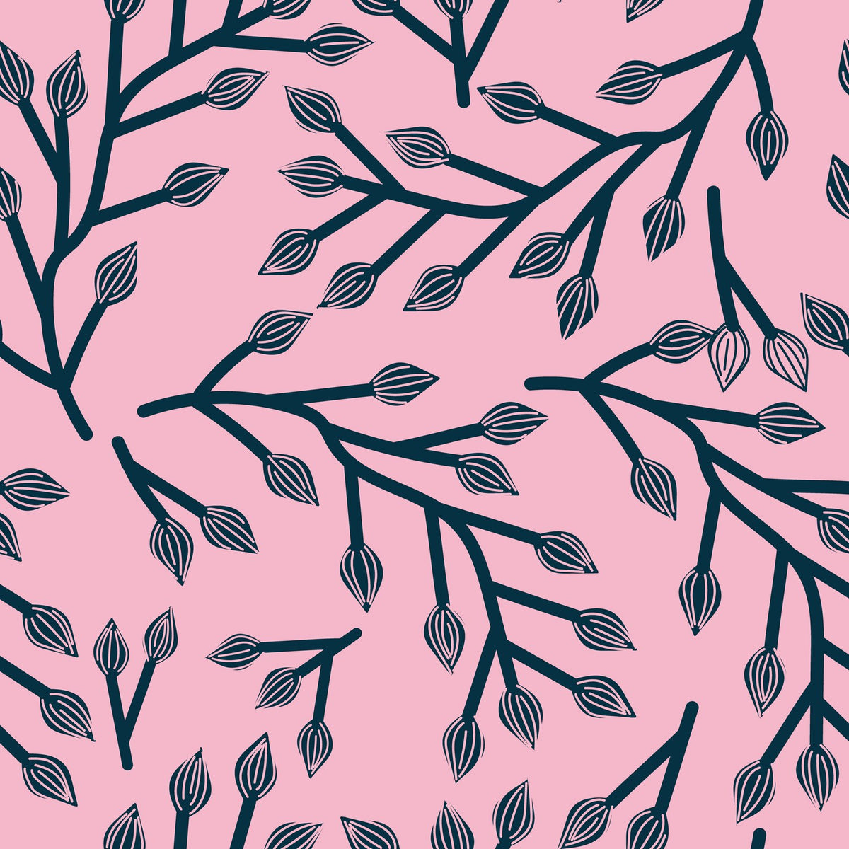 Coralina Jungle Floral Duvet Cover Set reverse design, pink ground with navy branching leaf and seed pod pattern repeated throughout.