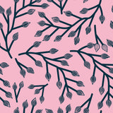 Coralina Jungle Floral Duvet Cover Set reverse design, pink ground with navy branching leaf and seed pod pattern repeated throughout.