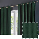 Corinthian Velvet Lined Eyelet Curtains in deep green, hung on a brushed metal pole with eyelet fittings by a window, plus a fabric swatch showing the ribbed velvet texture.