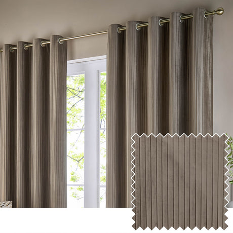 Corinthian velvet lined eyelet curtains in taupe, hung on a brass pole beside a window, with fine vertical pleats and a fabric swatch shown inset.