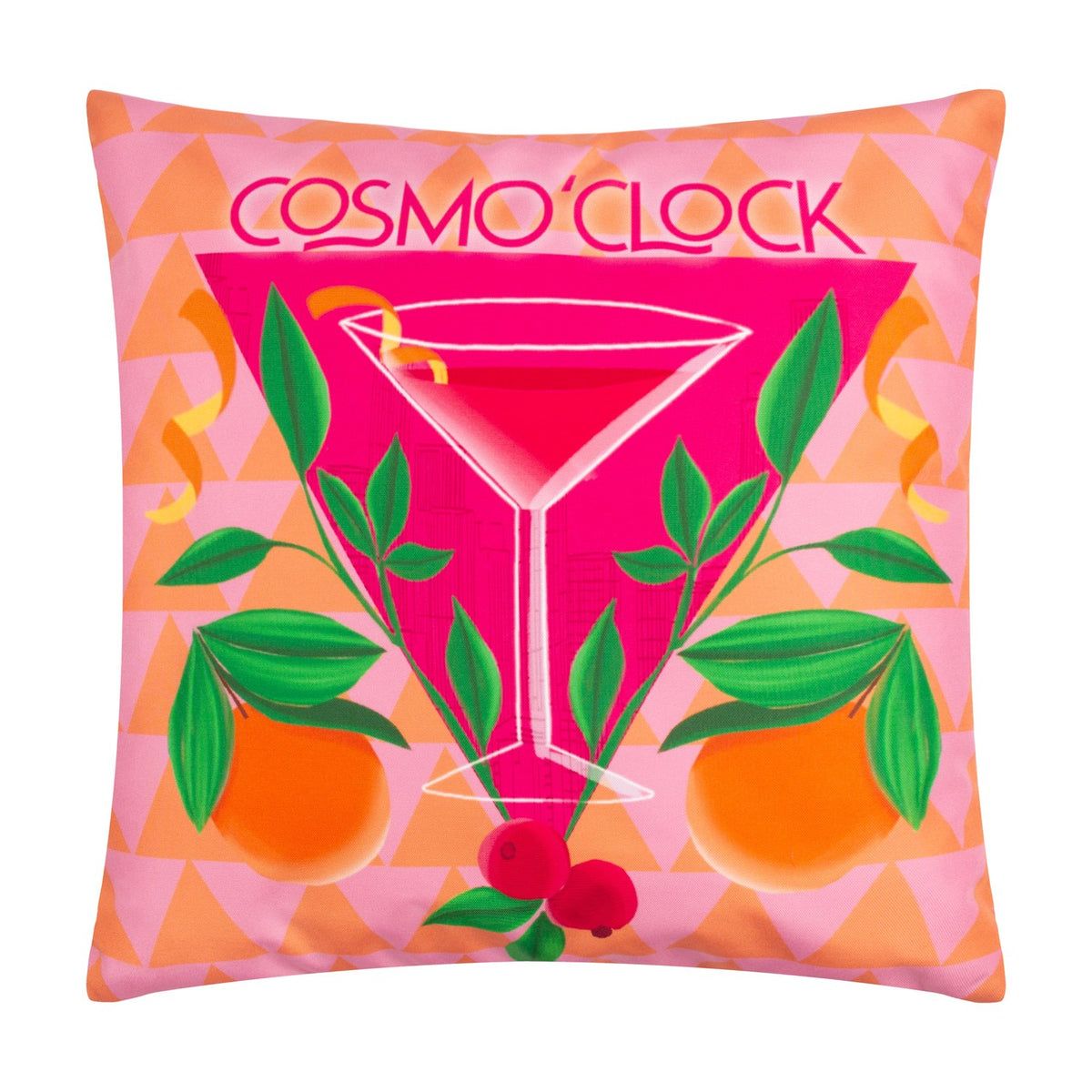 Square polyester cushion in pink with an abstract cosmopolitan cocktail print, green leaves, oranges and red berries, "Cosmo O'Clock" text, on a plain white background.
