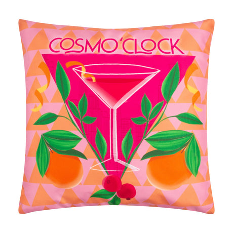 Square polyester cushion in pink with an abstract cosmopolitan cocktail print, green leaves, oranges and red berries, "Cosmo O'Clock" text, on a plain white background.