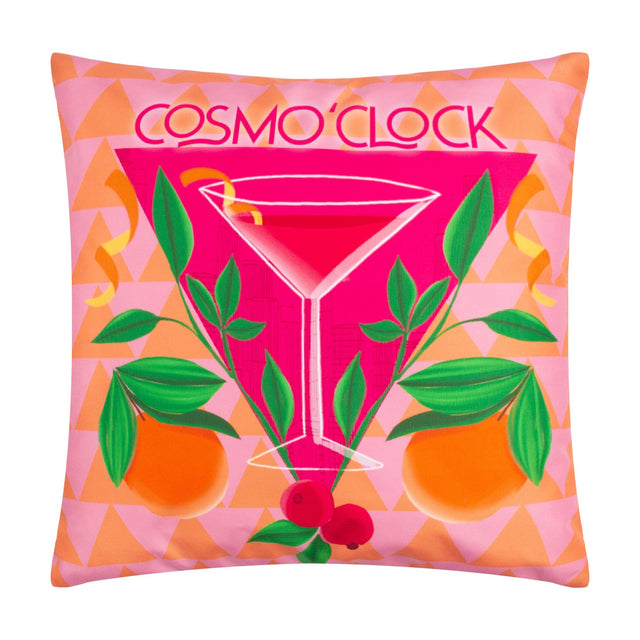Square polyester cushion in pink with an abstract cosmopolitan cocktail print, green leaves, oranges and red berries, "Cosmo O'Clock" text, on a plain white background.
