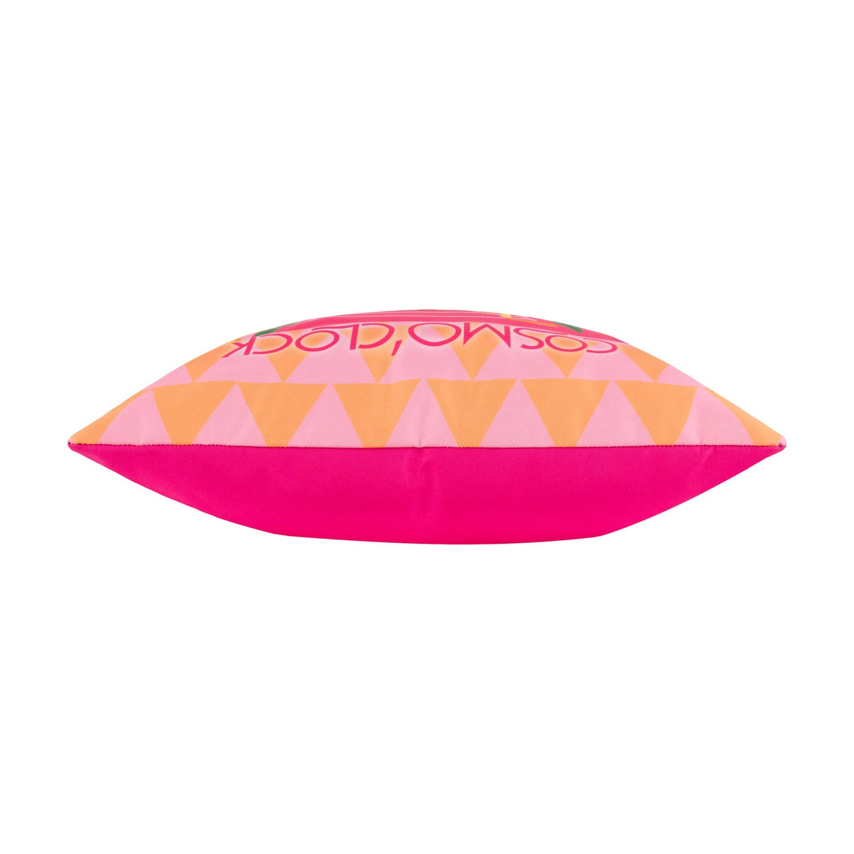 Side view of the Cosmo O' Clock square polyester cushion in pink, showing an orange triangle pattern above a solid magenta base panel, set against a plain white background.
