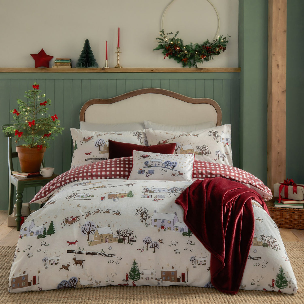 Cotswoldchristmas Gingham Duvet Cover Set - Cream/Burgundy