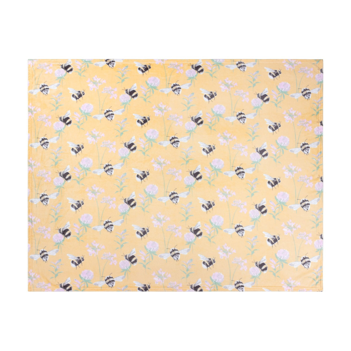 Country Bee Animal Polyester Throw in honey yellow, fleece fabric printed with bumblebees and pink clover sprigs, shown flat on a white background.