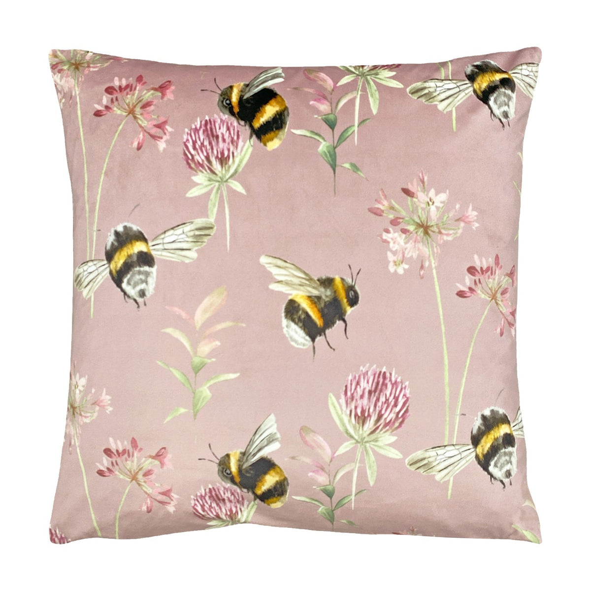 Country Animal Velvet Cushion in heather pink, 43 x 43cm, printed with bumble bees, clover and flowering stems on a soft velvet ground, shown on a plain white background.
