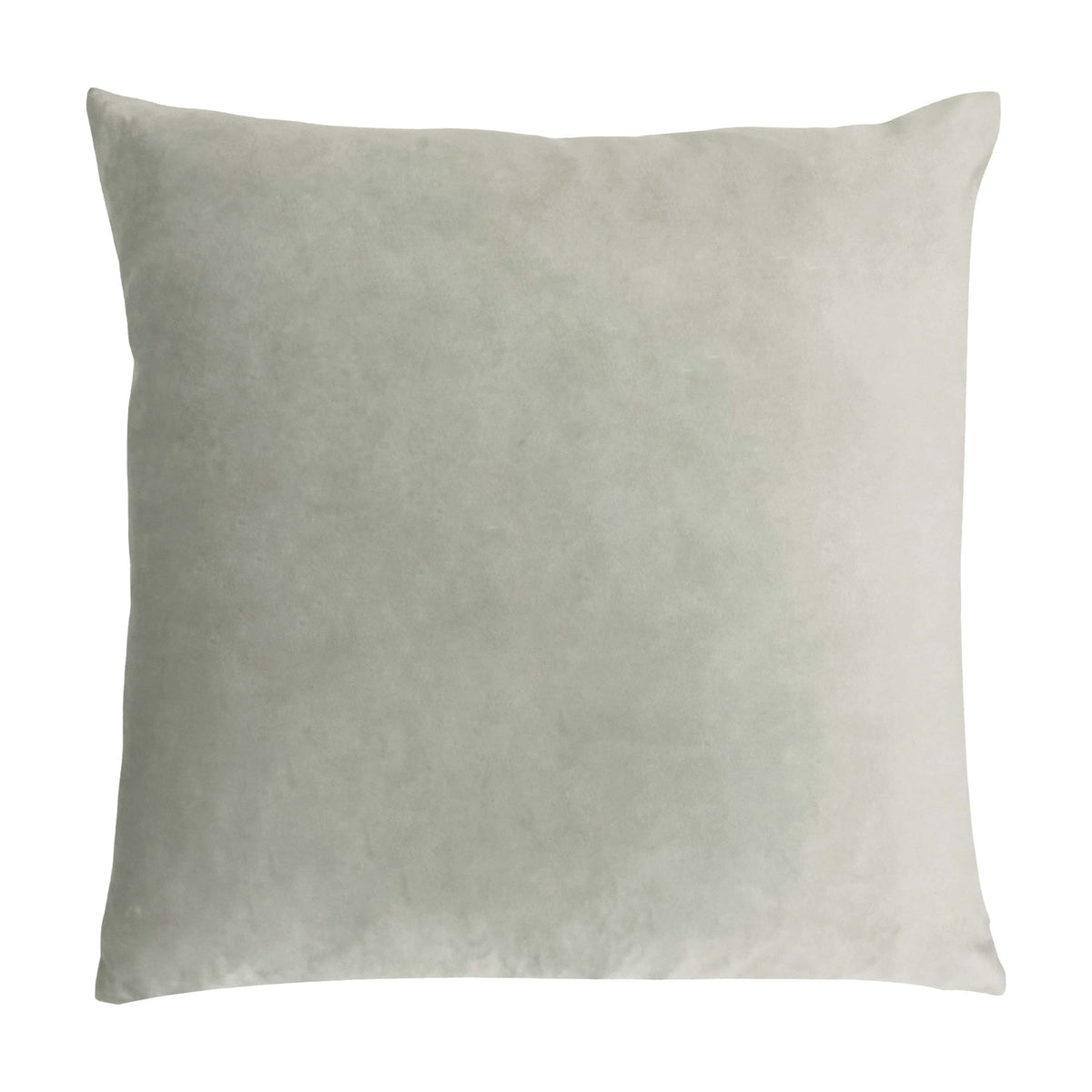 Square velvet cushion in plain pale grey-cream tone shown on a white background, reverse side with no visible pattern.