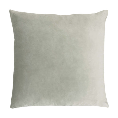 Square velvet cushion in plain pale grey-cream tone shown on a white background, reverse side with no visible pattern.