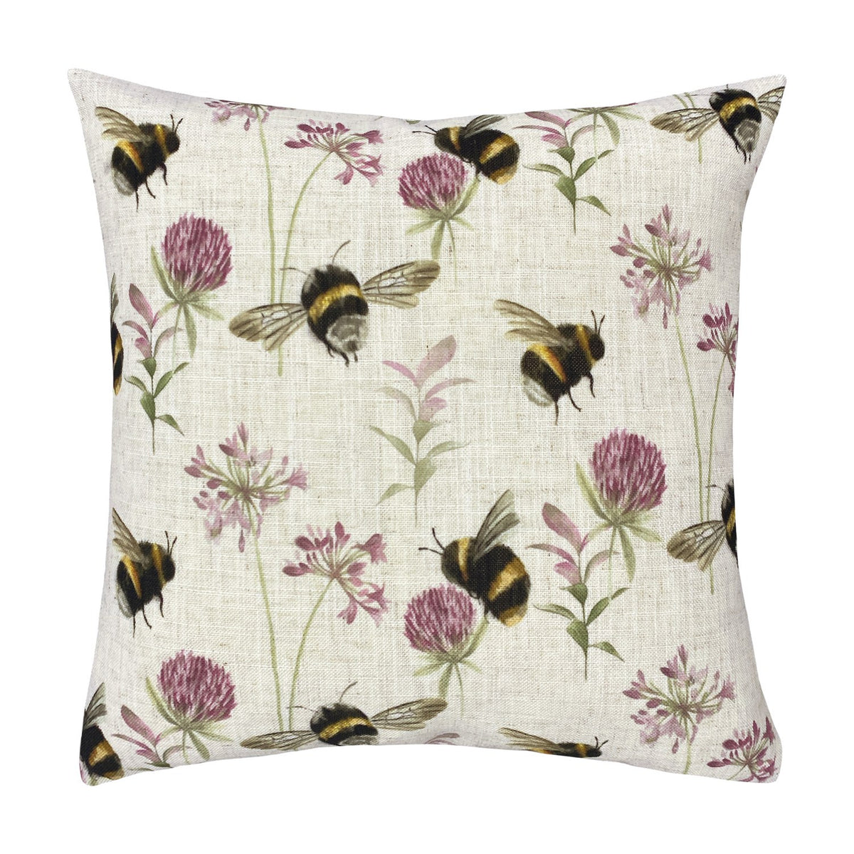 Square 43 x 43cm linen-look cushion printed with bumblebees in flight among pink clover heads and green flowering stems on a cream ground, shown against a plain white background.