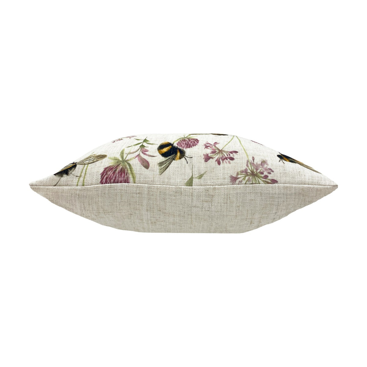 Side view of Country Animal Linen Cushion showing bumble bees, clover heads and floral stems printed on cream linen-look fabric with a plain reverse, set against a white background.