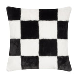 Cozee Check Plain Faux Fur Cushion in black and white, a square faux fur cushion with an oversized checkerboard pattern, shown on a plain white background.