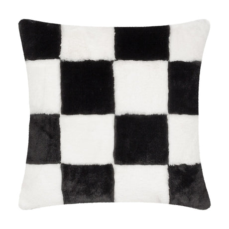 Cozee Check Plain Faux Fur Cushion in black and white, a square faux fur cushion with an oversized checkerboard pattern, shown on a plain white background.
