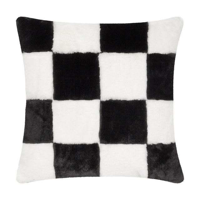 Cozee Check Plain Faux Fur Cushion in black and white, a square faux fur cushion with an oversized checkerboard pattern, shown on a plain white background.