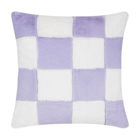 Cozee Check faux fur cushion in lilac and white checkerboard pattern, square 50 x 50cm design shown on a plain white background.