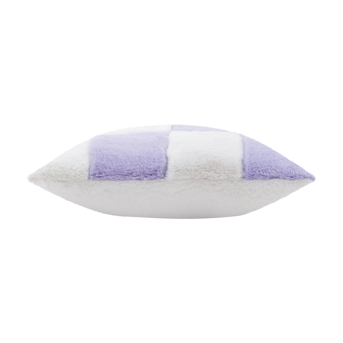 Side view of the Cozee Check faux fur cushion in lilac and white checkerboard pattern, shown as a plump square shape on a plain white background.