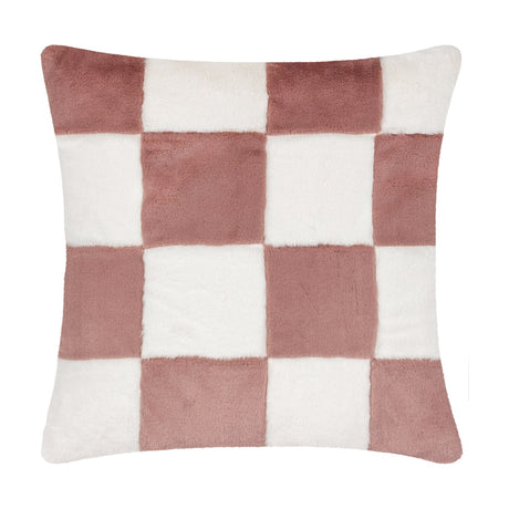 Cozee Check Plain Faux Fur Cushion in dusky pink and cream, square with a four-by-four checkerboard pattern of soft pile fabric, shown on a plain white background.