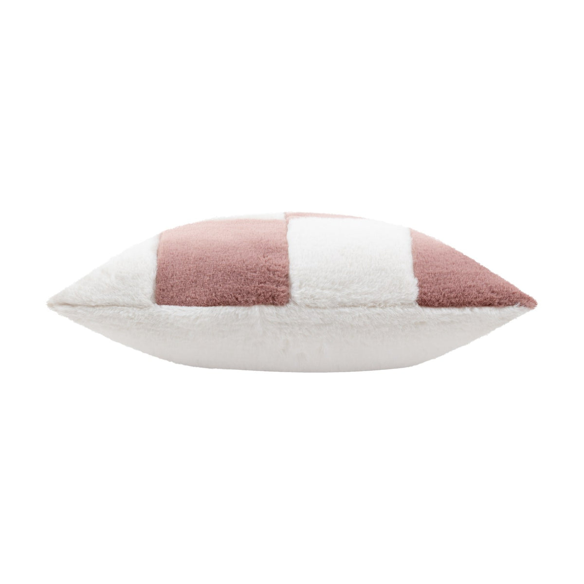 Side view of the Cozee Check Plain Faux Fur Cushion in pink, showing a dusky pink and cream checkerboard pattern in soft pile fabric, on a plain white background.