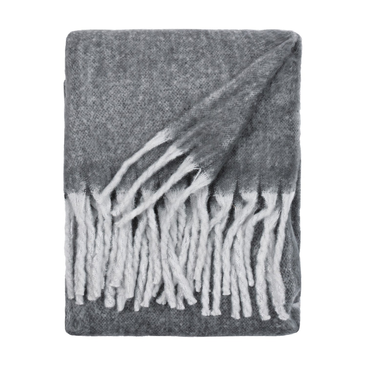 Cosy Plain Polyester Throw in charcoal grey, folded to show its woven texture and deep white tasselled fringe, shot against a plain white background.