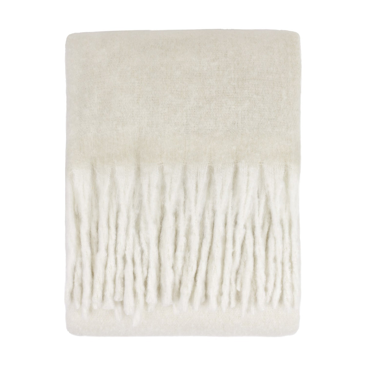 Cosy Plain Polyester Throw in ecru, folded to show its brushed cream surface and knotted fringe edge, on a plain white background.