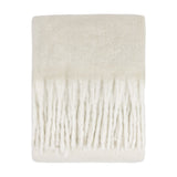 Cosy Plain Polyester Throw in ecru, folded to show its brushed cream surface and knotted fringe edge, on a plain white background.