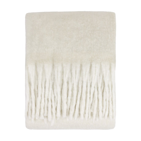 Cosy Plain Polyester Throw in ecru, folded to show its brushed cream surface and knotted fringe edge, on a plain white background.