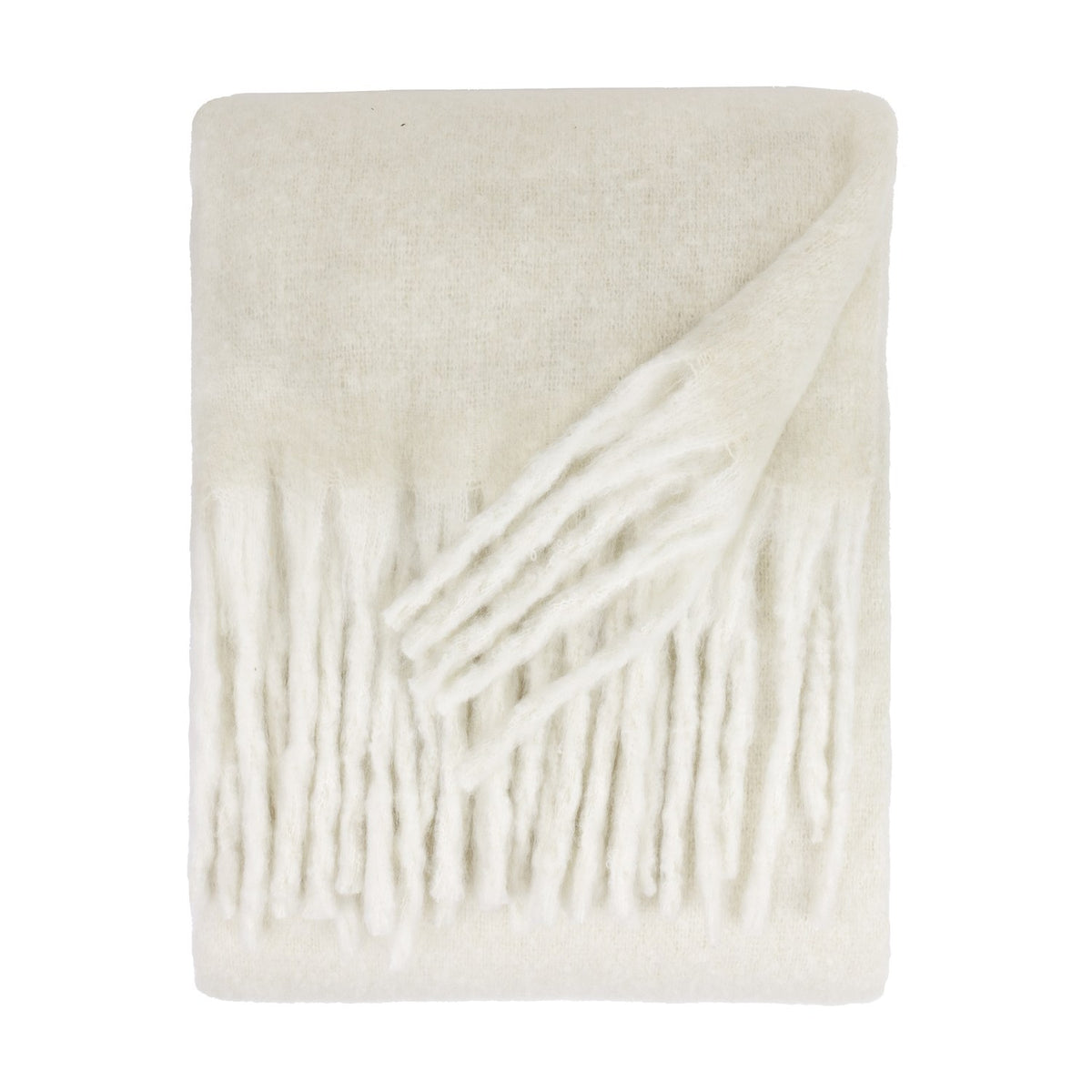 Cosy Plain Polyester Throw in ecru, folded to show a brushed cream surface with a knotted fringe edge, on a plain white background.