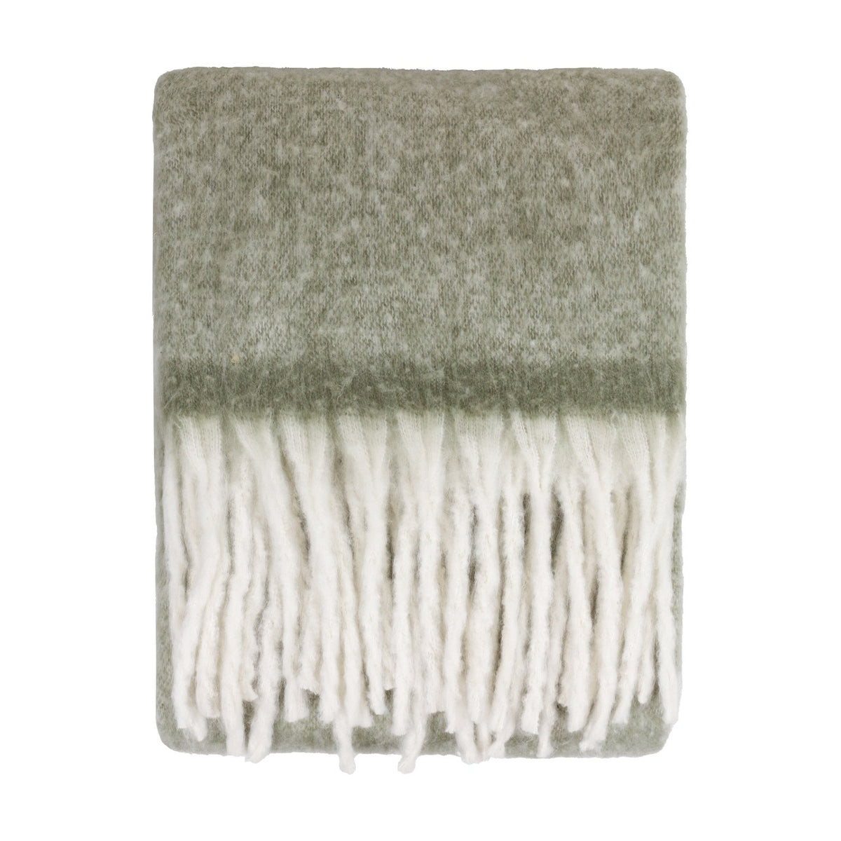 Cosy Plain Polyester Throw in Green, folded to show a soft sage woven body with knotted ivory fringe trim, shown on a plain white background.