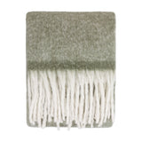 Cosy Plain Polyester Throw in Green, folded to show a soft sage woven body with knotted ivory fringe trim, shown on a plain white background.