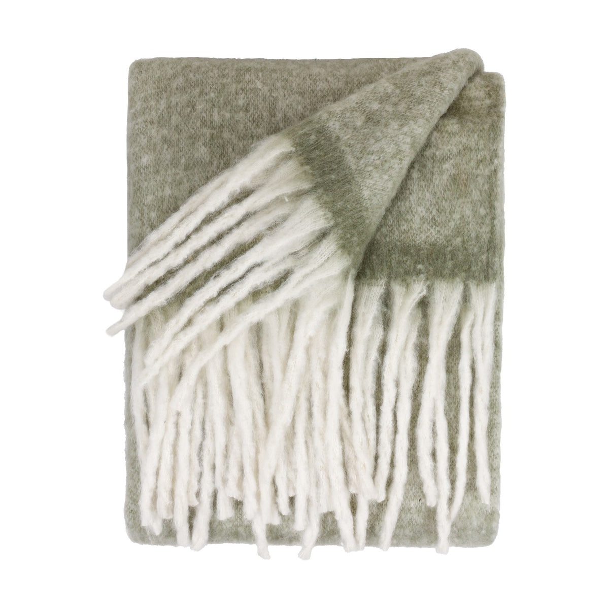 Cosy Plain Polyester Throw in Green, folded on a white background, showing a soft sage-green woven body with chunky ivory fringed trim along the short ends.