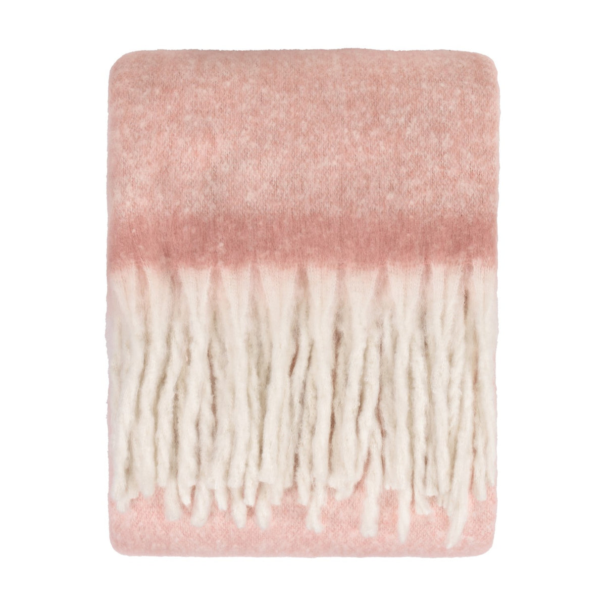 Cosy Plain Polyester Throw in blush pink, folded flat with a brushed, hazy surface fading to cream and finished with chunky ivory fringe, shown on a white background.