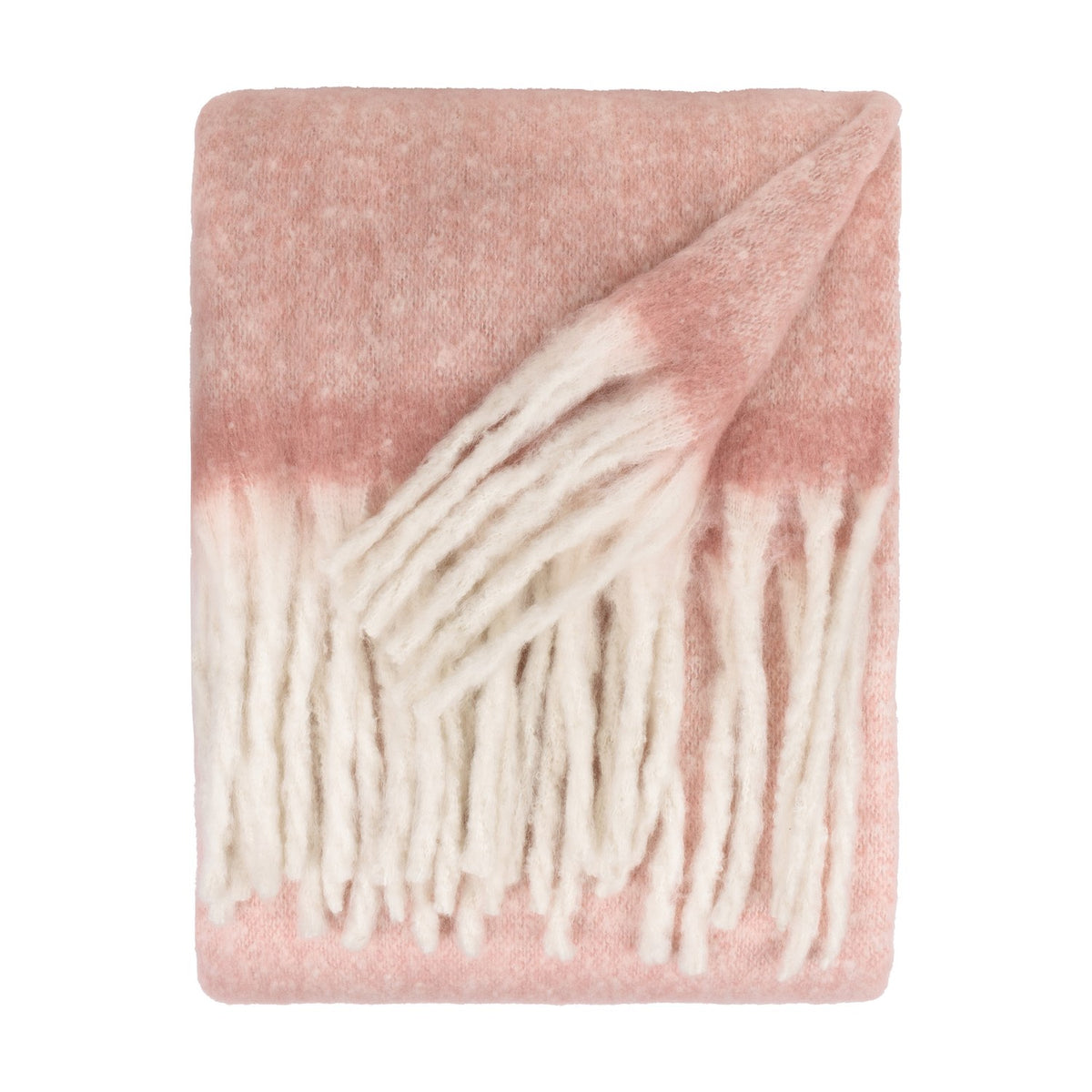 Cosy Plain Polyester Throw in Pink, folded on a white background, showing a brushed blush pink body fading to cream with chunky ivory fringe along the edge.