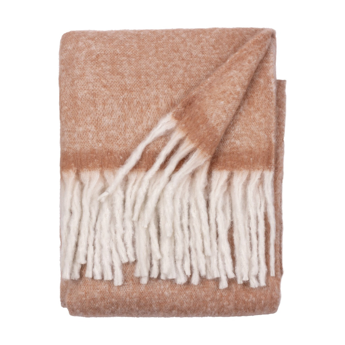 Cosy Plain Polyester Throw in rust, folded to show a woven texture with a deeper rust band and cream knotted fringe, set against a plain white background.