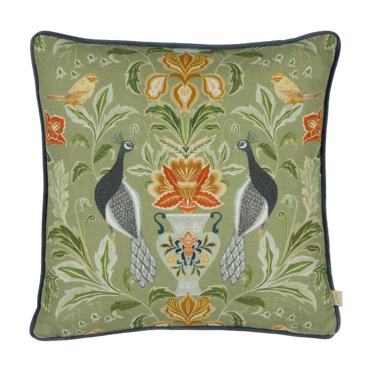 Chatsworth Peacock Velvet Linen Cushion in sage green, featuring a symmetrical design of two peacocks and yellow buntings flanking a floral urn, on a plain white background.