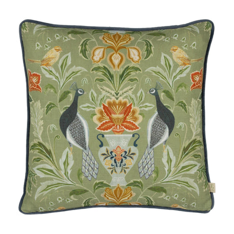 Chatsworth Peacock Velvet Linen Cushion in sage green, featuring a symmetrical design of two peacocks and yellow buntings flanking a floral urn, on a plain white background.
