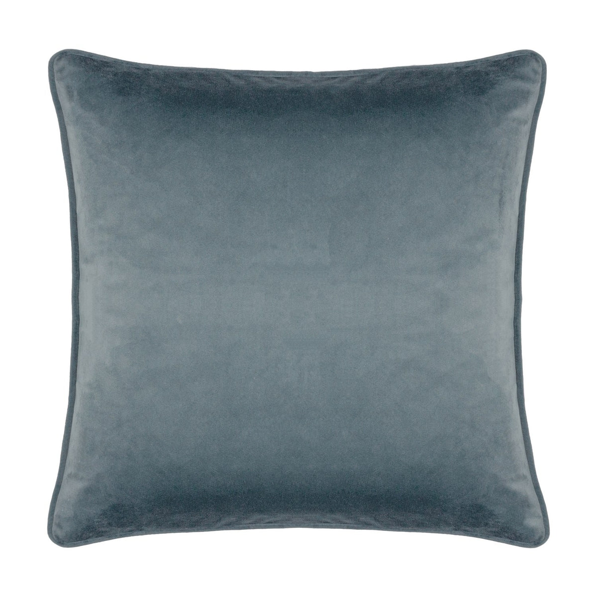 Square velvet cushion in plain sage green with a smooth finish and piped edging, shown against a white background, Chatsworth Peacock Velvet Linen Cushion in Sage, 43 x 43cm.