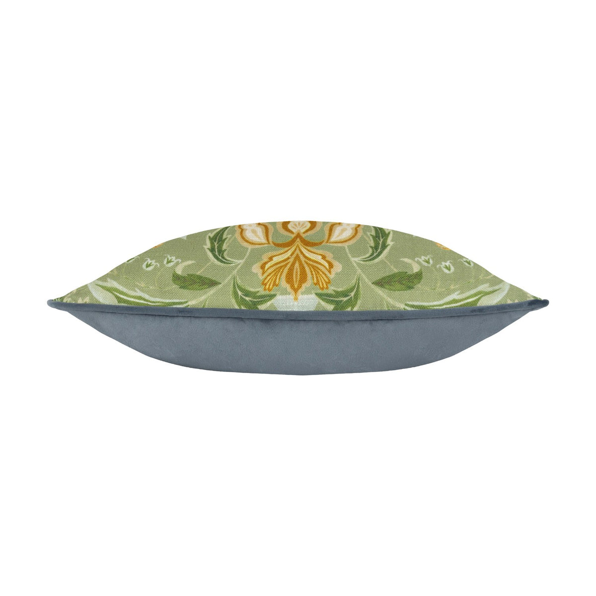 Side view of the Chatsworth Peacock cushion showing sage green floral-print linen top and plain grey velvet piped edge, on a white background.