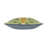Side view of the Chatsworth Peacock cushion showing sage green floral-print linen top and plain grey velvet piped edge, on a white background.