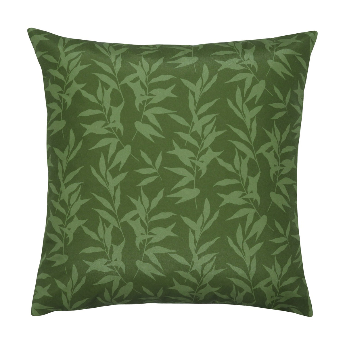 Square polyester cushion shown in its reverse forest green leaf design, a trailing foliage pattern in tonal greens, photographed on a plain white background.
