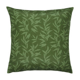 Square polyester cushion shown in its reverse forest green leaf design, a trailing foliage pattern in tonal greens, photographed on a plain white background.