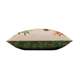 Side view of the Cranes reversible polyester cushion, showing blush floral fabric on top and forest green leaf print beneath, on a plain white background.